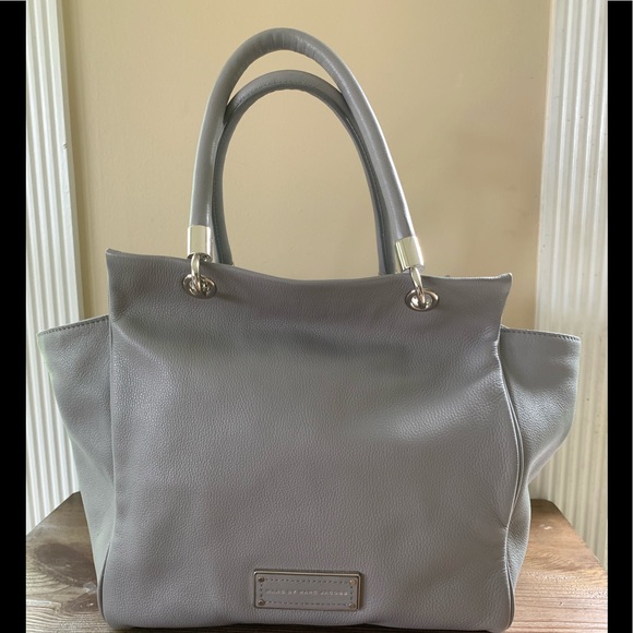 grey leather bucket bag